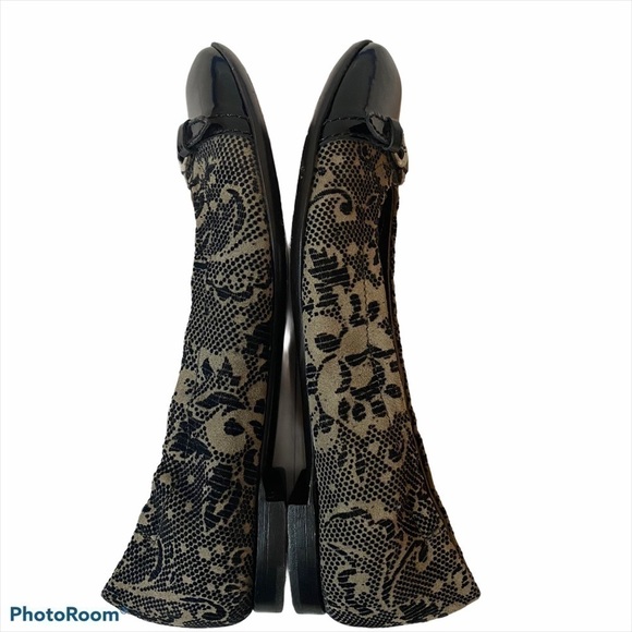 AGL Ballet Flats EU 38 / US 8 Black Patent Leather Monika Cap Toe Velvet Brocade - Picture 7 of 11